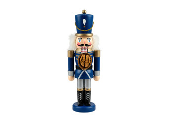 Isolated wooden toy figurine Christmas nutcracker with nut in mouth for decoration souvenir