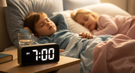 Peaceful morning as children sleep soundly in bed beside a glowing digital alarm clock showing 7:00 AM