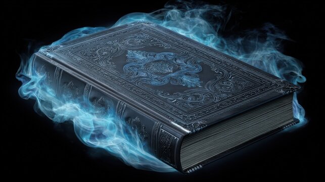 Ornate, embossed book with intricate detailing, enveloped in ethereal, swirling blue smoke against a stark black background, creates a mysterious and magical atmosphere, inviting curiosity, and...