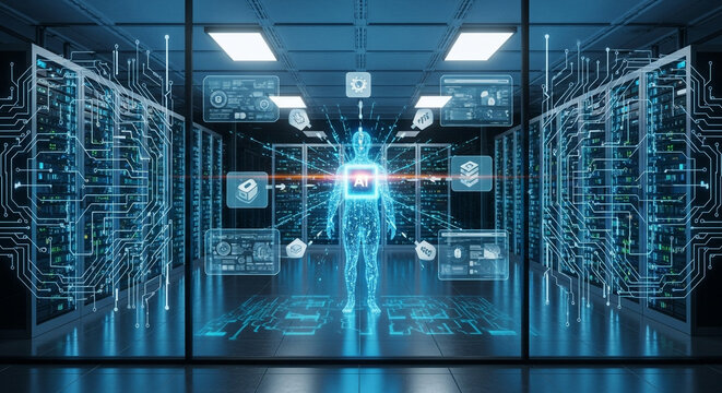 Dynamic AI intelligence visualization glowing human form in futuristic server room with glowing data streams and circuit patterns