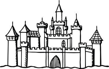 Fototapeta premium Whimsical hand drawn castle illustration for fairytales
