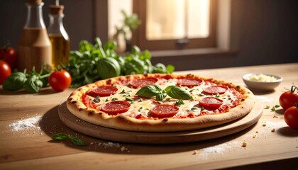 Delicious pepperoni pizza on a wooden table