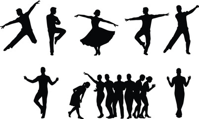 Dynamic silhouettes of people dancing in various styles, including a large group and solo poses, for performance and entertainment themes