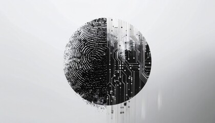 Digital Identity: A striking conceptual image merges a fingerprint with circuit board elements. This image suggests the intersection of personal identity with digital technology.