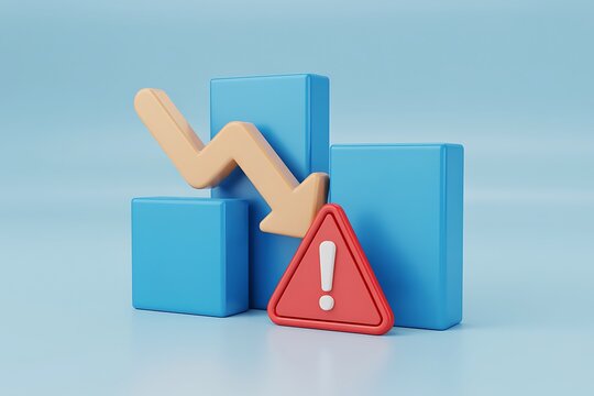 A 3d render of a bar graph with a downward arrow and an exclamation mark