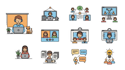 Remote Work and Hybrid Office Set – Vector Illustration of Modern Workspace Concepts AI EPS PNG JPEG