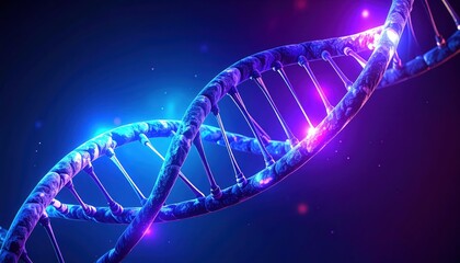 Futuristic DNA Strand: Captivating 3D render depicts a detailed DNA strand, illuminated by vibrant purple and blue lights.
