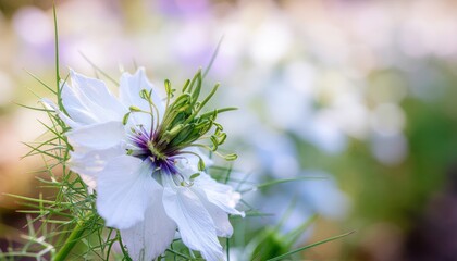 Delicate Petals: A pristine white flower with a mesmerizing structure, showcased against a dreamy bokeh background. Capturing serenity and subtle beauty of nature.