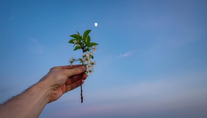 Blossom of the heavens: A hand tenderly holds a delicate flowering branch against the backdrop of a serene twilight sky, featuring a subtle crescent moon, creating a moment of peace and connection.