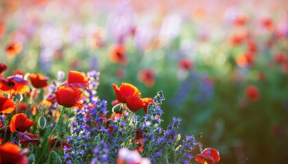 Vibrant Poppy Field: A picturesque field of vibrant red poppies and delicate purple flowers dances in the sunlight, creating a breathtaking tapestry of color. A serene visual of the beauty of nature.