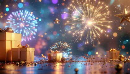 Gifts and Fireworks Display: Presents and fireworks create a festive atmosphere, set against the backdrop of a vibrant night sky, embodying the excitement of the holiday season. 