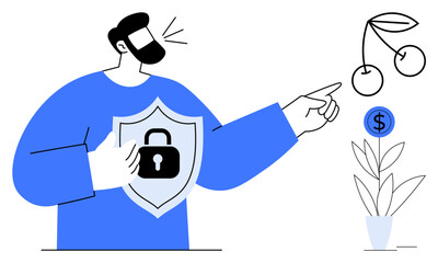 Man holding shield with a lock, pointing at cherries and a dollar coin near a potted plant. Ideal for security, financial growth, protection, investment, trust, business strategies, simple flat