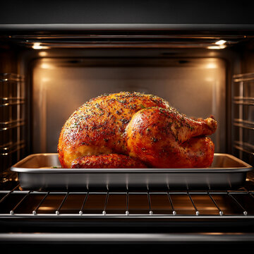 Close-up of juicy roasted turkey in baking pan after broiling in oven cavity. Open modern oven with roasted whole Christmas turkey inside. Traditional holiday meal for Thanksgiving and Christmas