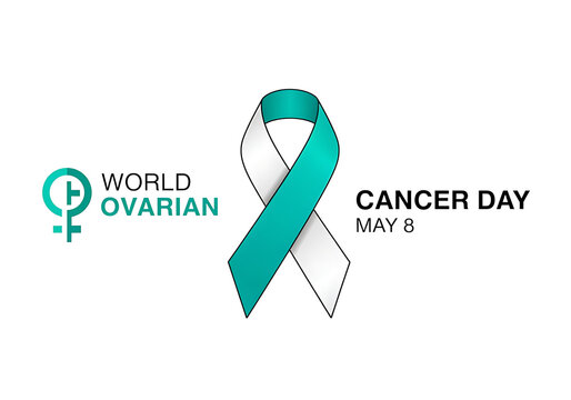 World ovarian cancer day teal and white ribbon isolated on transparent background