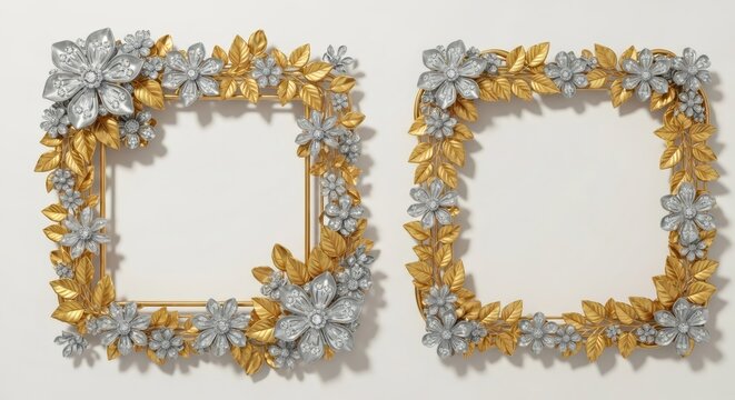 Luxurious gold and silver floral frames with diamond embellishments. Ornate decorative border for wedding or anniversary invitations. Isolated 3D render with copy space for text