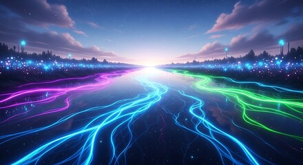 Obraz premium Ethereal Landscape with Neon Rivers and Starry Sky