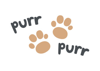 Purr purr lettering with paw prints. Cute cartoon cat typography design. Funny text vector illustration for cards, posters, stickers, t-shirts, and pet themed decoration.