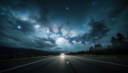 Starry Night Sky Over Road with Bright Headlights and Clouds