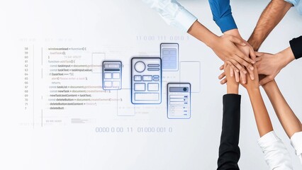 A diverse group of professionals joins hands in a display of teamwork, set against a backdrop of user interface design elements and coding snippets, symbolizing collaboration and innovation. Raster