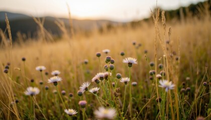 Meadow Landscape with Wildflowers Against a Golden Sunset Sky