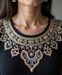 Elegant Embroidery Detail on Black Fabric with Floral Design