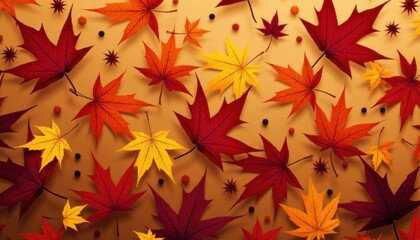 Vibrant Autumn Leaves on Warm Orange Background in Various Colors