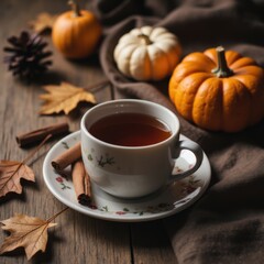 Warm Autumn Beverage with Pumpkins and Cinnamon on Wooden Table