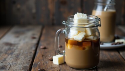 Creamy coffee beverage with butter cubes in glass jar on wooden table