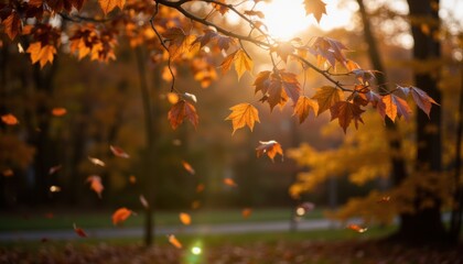 Vibrant Autumn Leaves Glowing in Golden Sunset Light in Forest