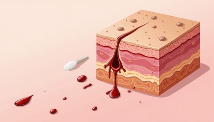 Colorful Layered Cake Slice with Chocolate and Strawberry Sauce