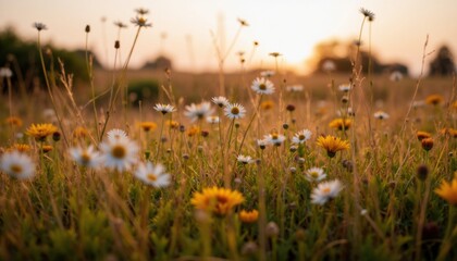 Vibrant Wildflowers Against a Glowing Sunset in Open Meadow