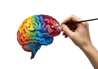 Isolated human brain being painted rainbow colors by an artist's hand with a brush