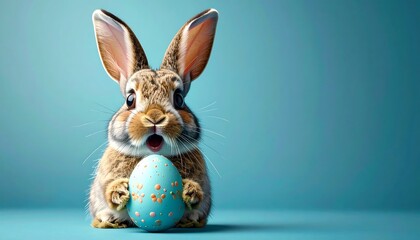 A surprised, fluffy bunny holds a decorated blue Easter egg against a gradient blue background, looking at viewer