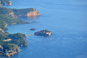 A view of Sveti Stefan Island and its surroundings in Montenegro