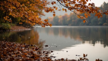 Tranquil Autumn Scene with Orange Leaves by Calm Water Surface
