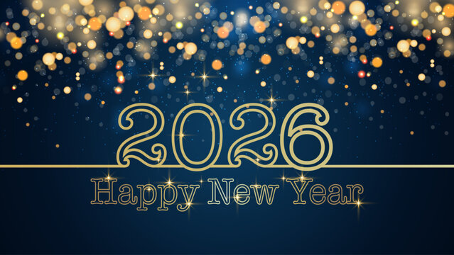 Card or banner to wish a Happy New Year 2026 in gold on a blue gradient background with circles and gold glitter in bokeh effect