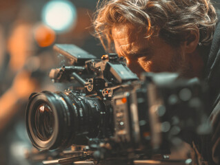 Close-up of an intense male cinematographer or cameraman looking through the viewfinder of professional digital cinema camera on film set. Moody, warm lighting, highlighting themes of video production