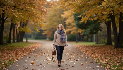 Young Woman Walking on Autumn Path Surrounded by Colorful Leaves