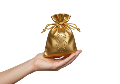 Isolated money bag being held in hand, investment, gold, financial savings concept