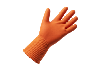 Isolated safety hand glove, orange cleaning glove to protect against dirt or chemicals