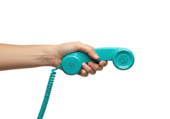 Isolated hand holding cyan telephone receiver from the 1960s era ~Communication