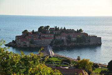 A view of Sveti Stefan Island and its surroundings in Montenegro