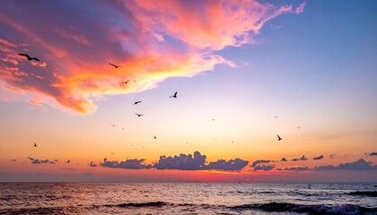 Colorful sunset over the ocean with birds
