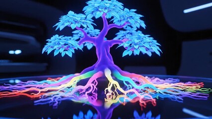 Vibrant neon tree with glowing rainbow roots in futuristic dark environment - Powered by Adobe