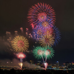 Spectacular fireworks display lighting up the night sky over a city