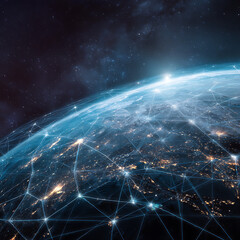Global network connecting the world with digital web, showcasing data transmission across continents, symbolizing international business and communication solutions