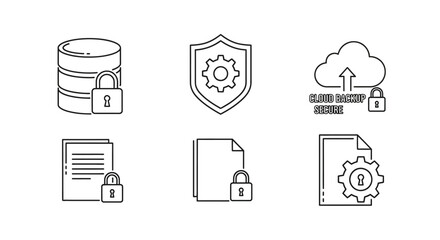 Database, shield, cloud backup, and file security icons in outline style.