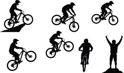 Dynamic silhouettes of mountain bikers in various poses, including jumping, riding, and celebrating, for extreme sports and outdoor recreation themes
