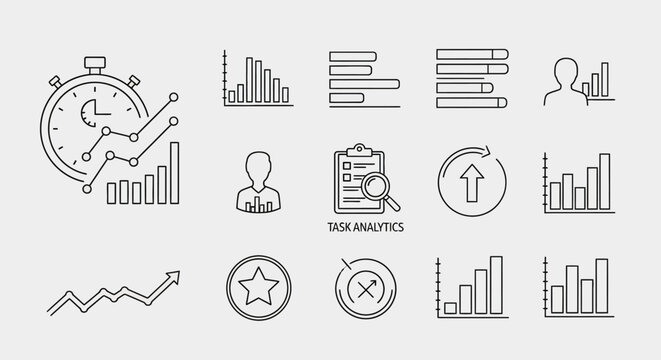 A collection of line art icons representing business analytics, data visualization, and performance tracking.