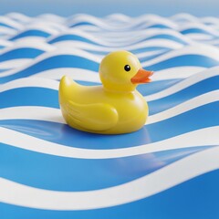 A bright yellow rubber duck floats on blue waves with white stripes. The scene captures a playful and cheerful atmosphere, ideal for summer themes.